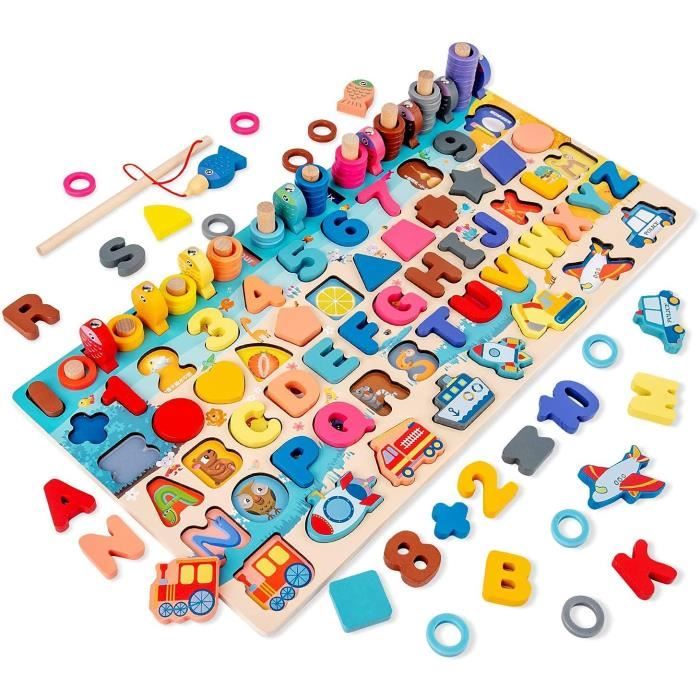 Jouet Enfant - Puzzle Bois Bébé - Peche a la Ligne magnetique - Apprentissage Alphabet Forme - Mixte - Bleu