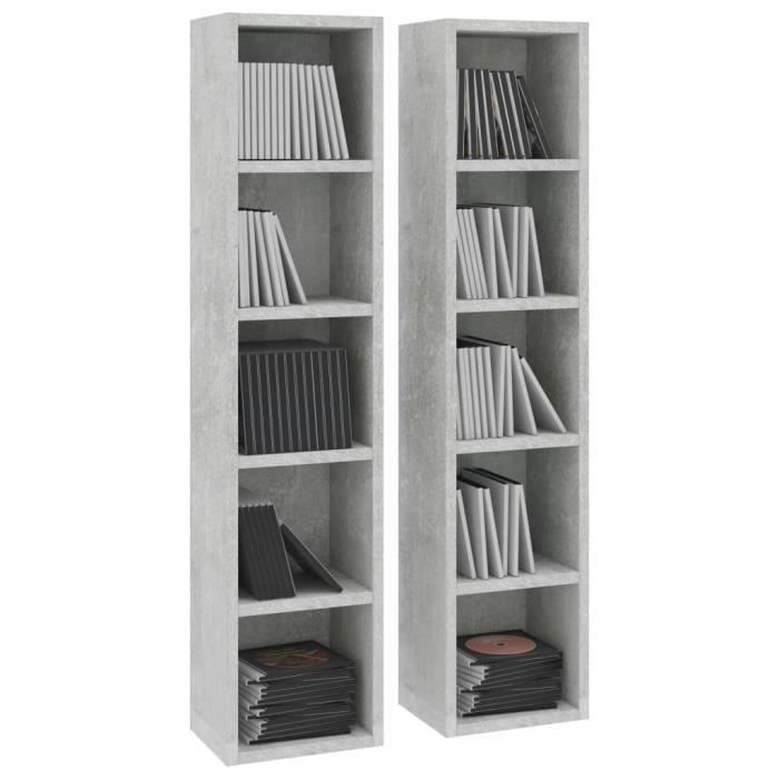 lot de 2 meuble range cd meuble étagère - armoire à cd gris béton 21x16x93,5 cm aggloméré bestmeuble