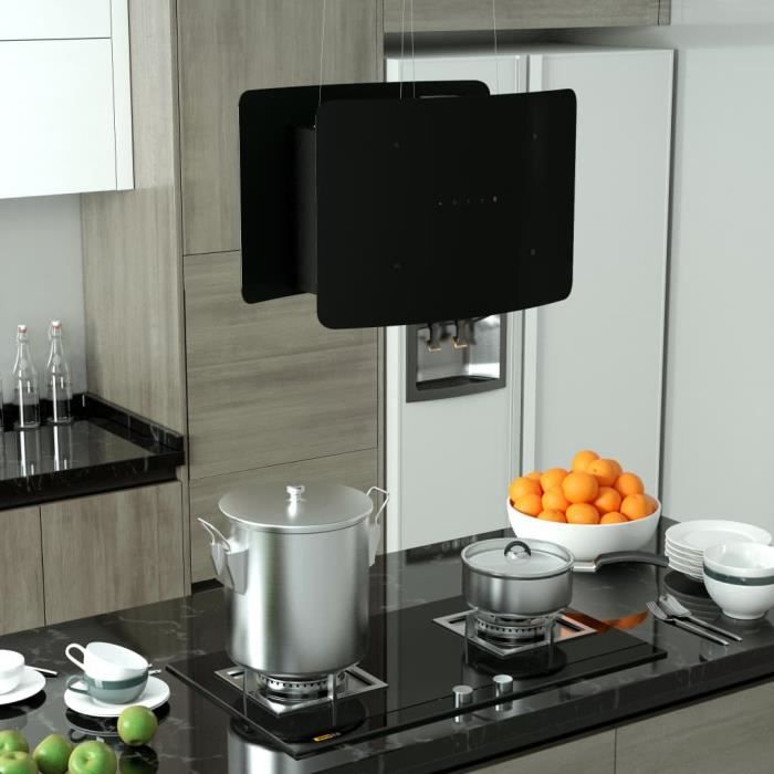 Hotte ilot suspendue - Verre trempé - Noir - LCD tactile - Débit dair 756 m3/h