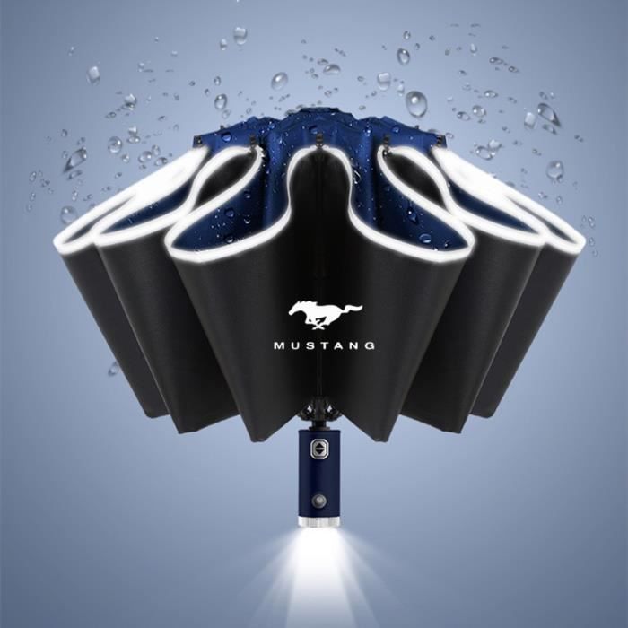 Mustang bleu foncé - Parapluie automatique à bande réfléchissante pour femmes, lumière Led inversée, coupe ve
