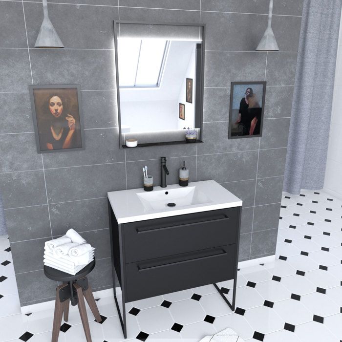 Meuble salle de bain 60 cm suspendu 2 tiroirs Gris avec vasque et miroir -  BOX-IN 60 GREY - Aurlane