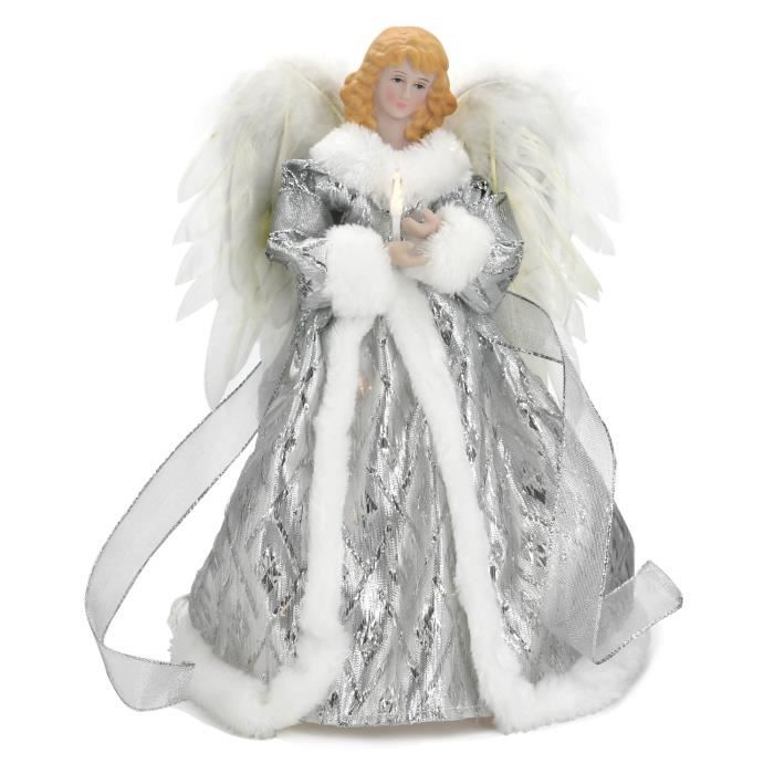 Figurine de décoration - AUTREMENT - Mini ange en tissu - Plumes blanches - Robe argentée - Noël
