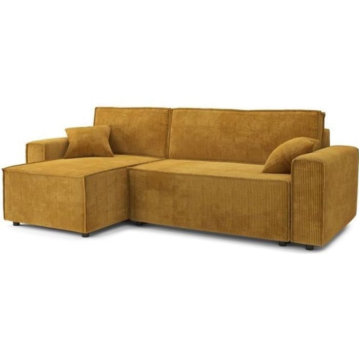 Canapé d'angle convertible MIRA - velours côtelé moutarde - 252 x 140 x 85 cm - coffre de rangement