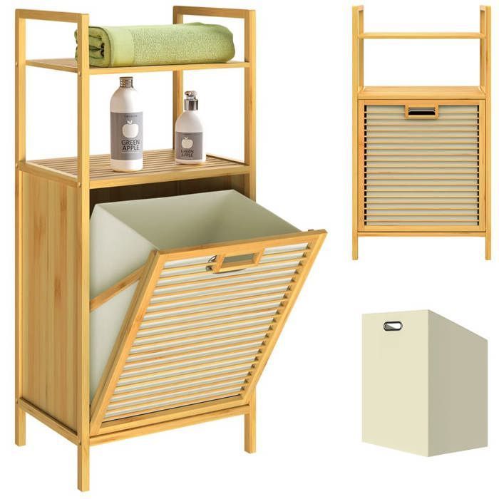 CASARIA® Meuble de salle de bain 2 en 1 avec panier à linge intégré et corbeille amovible 36 L en bambou 90 x 40 x 35 cm