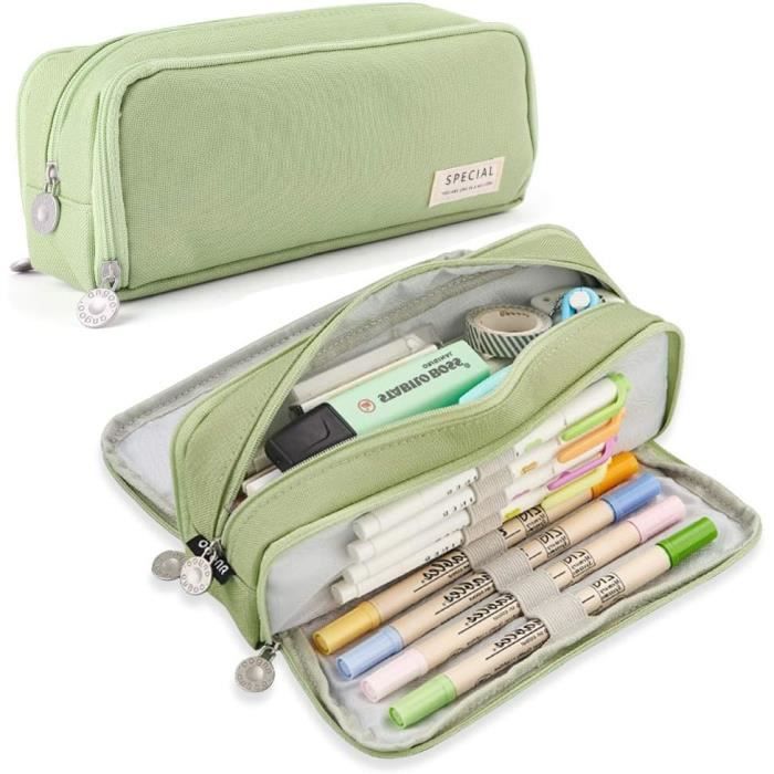Grande Trousse à Crayons 3 Compartiments Avec Poignée - Capacité 60 Crayons, Tissu Oxford Imperméable, Pour école Primaire/collège, Vert