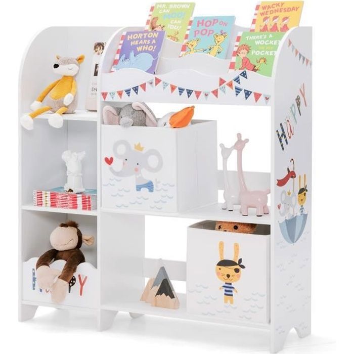 Étagère De Rangement Jouets Avec 8 Bacs Amovibles - Meuble Blanc 142x30x100 Cm - Plan De Travail, Armoires Et Étageres