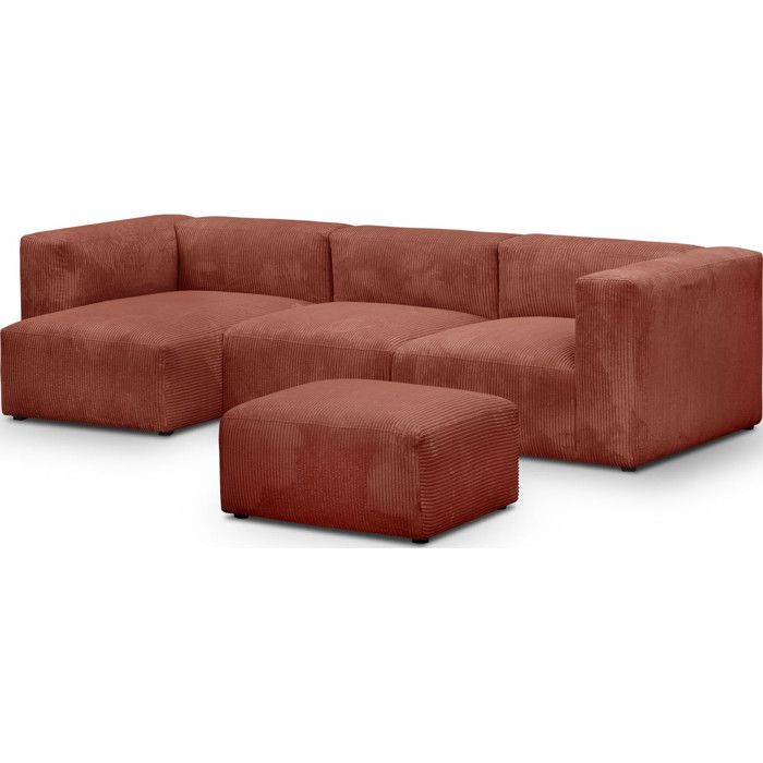 Canapé dangle à gauche + méridienne 4 places velours côtelé rouille + pouf - Modulo