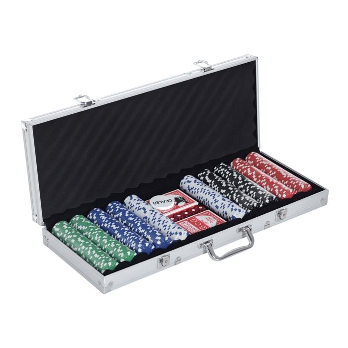 Mallette professionnelle de poker 500 jetons 2 jeux de cartes 5 d&eacute;s bouton dealer 2 cl&eacute;s alu