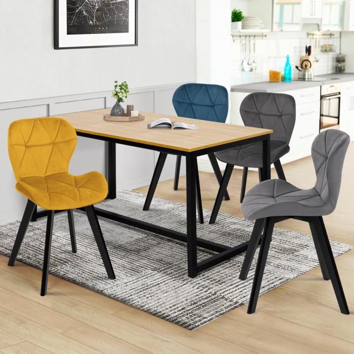 Lot De 4 Chaises ROBINE En Velours Mix Color - Bleu, Gris Clair, Gris Foncé, Rose - Pieds En Bois Noir