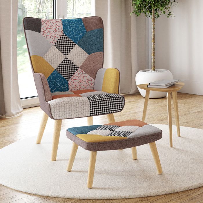 IDMARKET Fauteuil scandinave IVAR avec repose pieds en tissu patchwork multicouleurs IDMARKET Fauteuil scandinave IVAR avec repose pieds en tissu patchwork multicouleurs