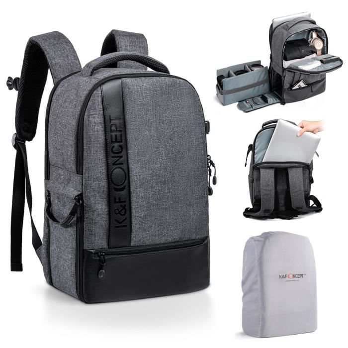 K&F Concept Sac a Dos Appareil Photo, Sac Reflex, Sac Dos Reflex-Ordinateur-Trépied Accessoires pour Canon Nikon Sony Olympus Gris