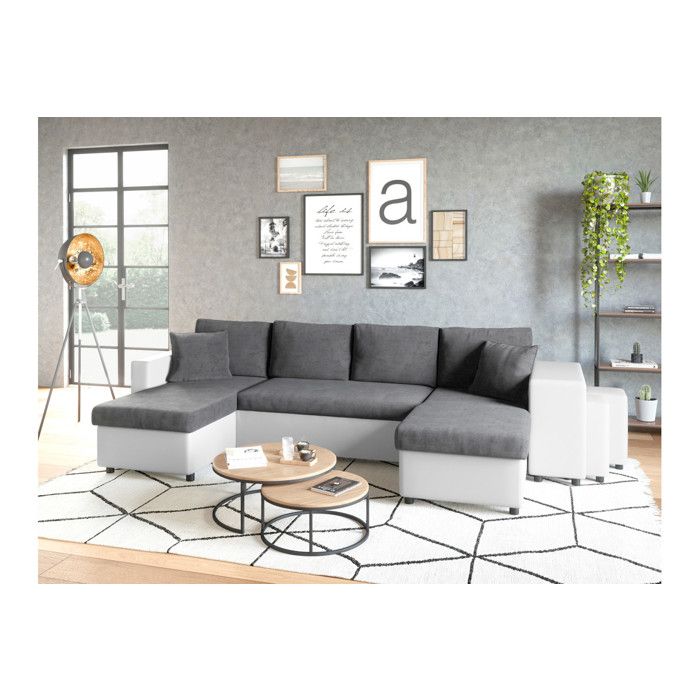 Canapé panoramique OSLO convertible avec coffres poufs à droite - Simili/Microfibre - Blanc/Gris - L311 x P146 x H81cm - LOUNGITUDE