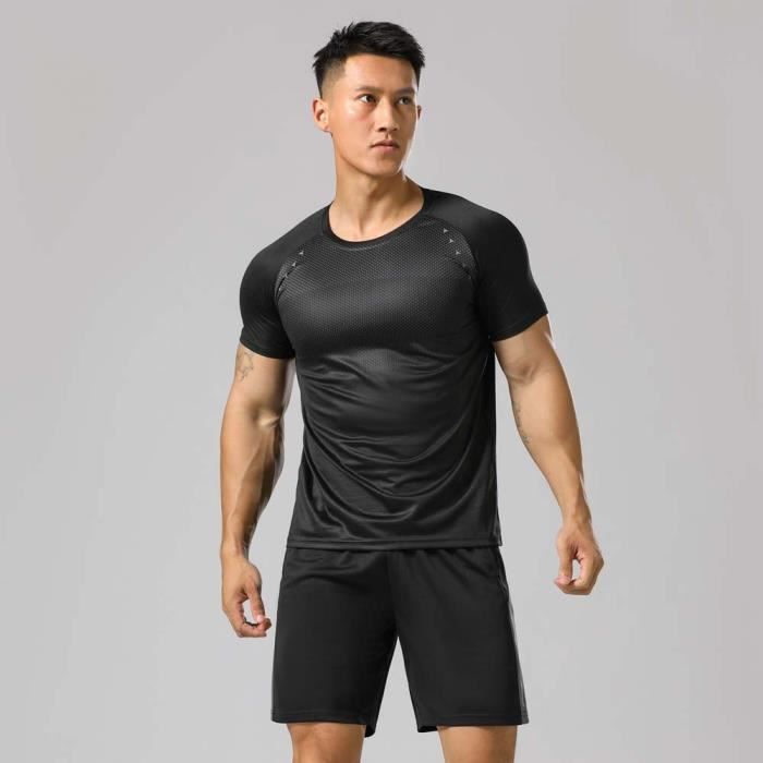 Ensemble de Vêtements de Sport Fitness Running Basket Homme Été Manches Courtes Séchage Rapide - Noir