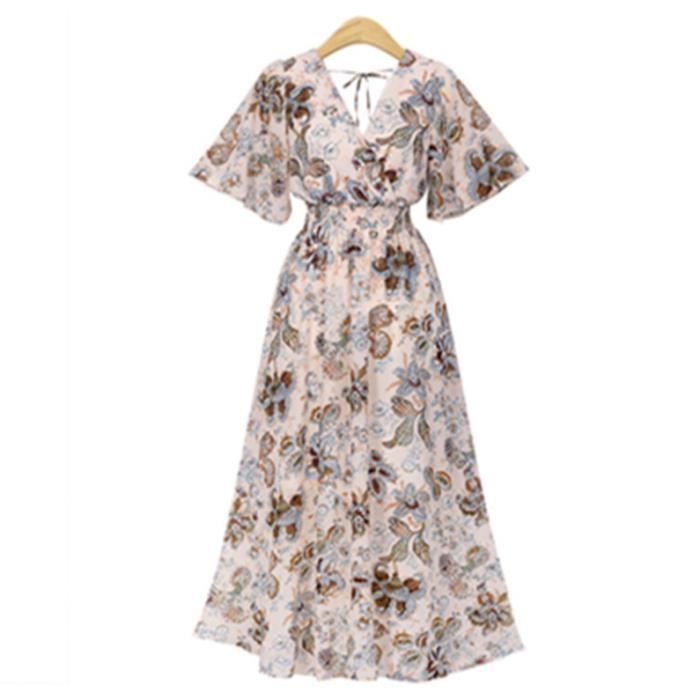 Robe femme longue ete legere imprimee boheme pas cher Marque Modele Col V Manches courtes Bleu Bleu Cdiscount Pret a Porter