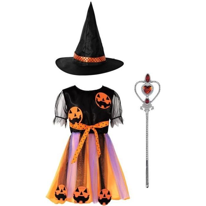Inhzoy Deguisement Sorciere Halloween Fille Enfant Robe Citrouille Costume Carnaval Spectacle Chapeau Magique Et Baguette 2 12 Ans Noir Orange Cdiscount Pret A Porter