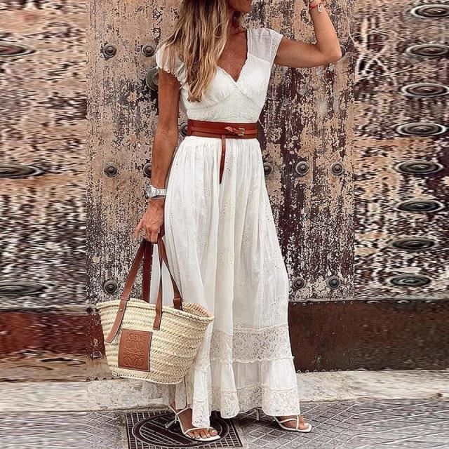 Robe Longue robe d t Sexy manches courtes col en v mode
