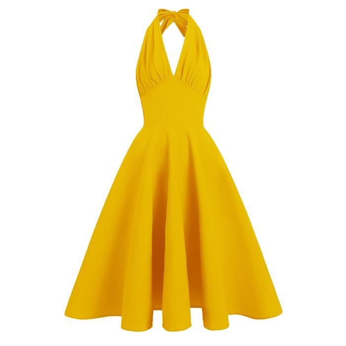 Robe Femme Sexy Pin up Soiree Cocktail Vintage Col En C ur Halter Annees 50 Rockabilly Swing Couleur Unie Robe Jaune Cdiscount Pret a Porter
