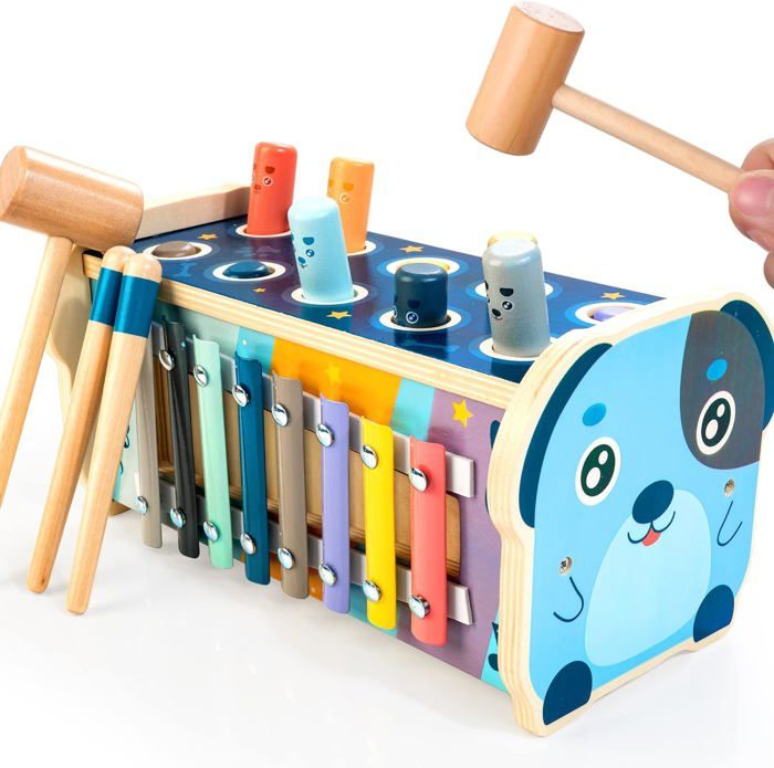 Jouet de Marteaux en Bois avec 2 maillets Jouet Tape Taupe Pounding Peg Bank Gopher Tap Bank Hit Mole Hamster Jeu Éducatif Jouet