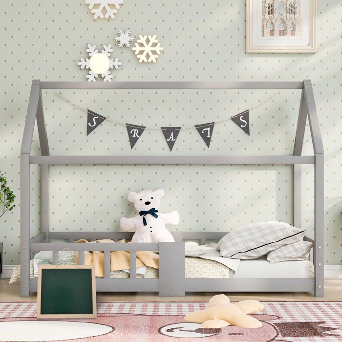Lit cabane enfant 90x200cm - Sommier à lattes - Protection contre les chutes - Bois de pin - Certifié EN747 - Gris
