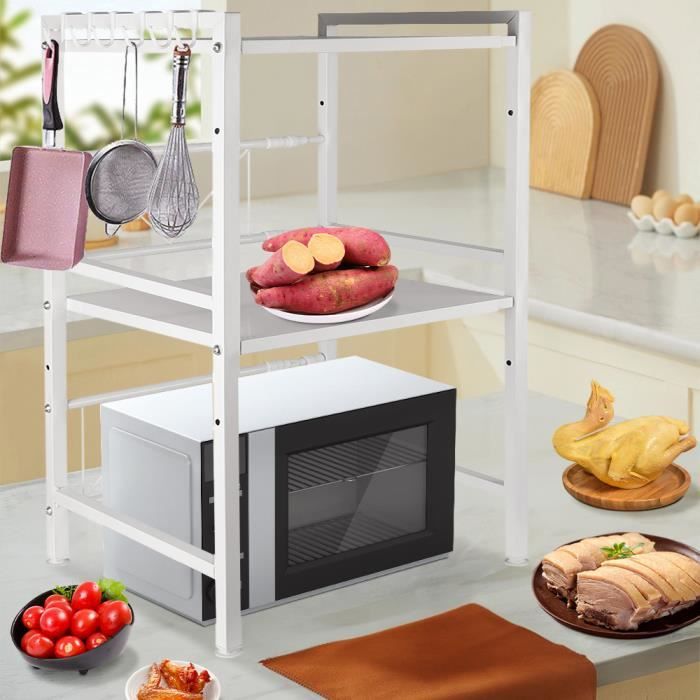 étagère Micro Onde Costway Étagère Micro-ondes Extensible Avec Crochets - Support Rangement Cuisine 3 Niveaux - Grille Four Et Planche Rangement Placard Cuisine