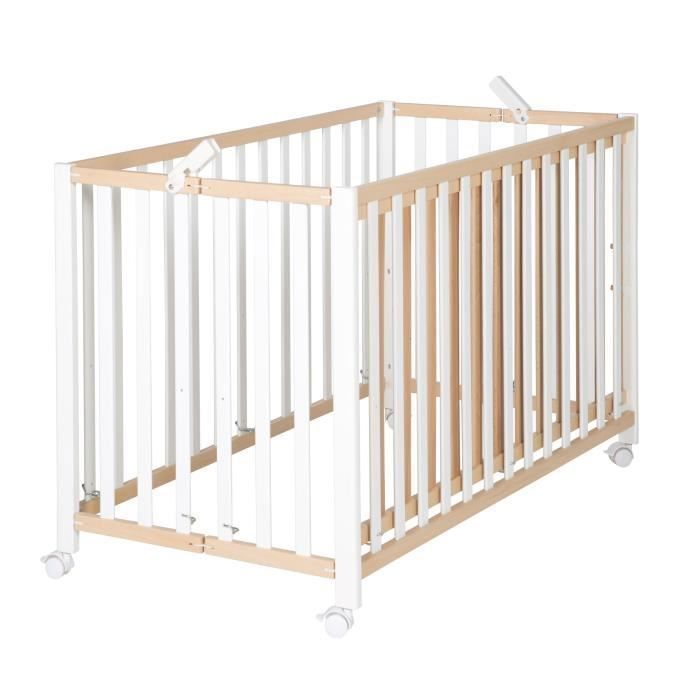 Lit bébé pliant - 60 x 120 cm - ROBA - FOLD UP - Roulettes - Bois / Blanc