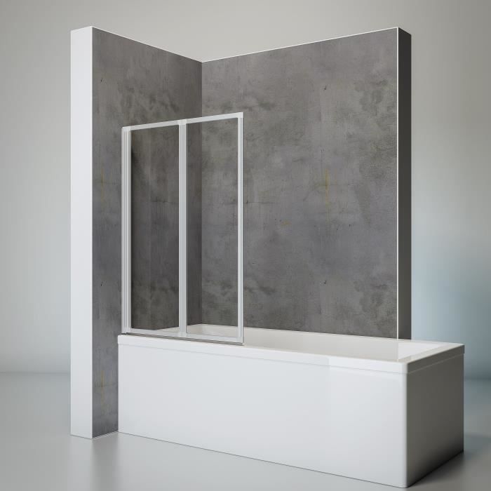 Pare-baignoire à coller 87x120 cm, paroi de baignoire 2 volets pliants, verre transparent, profilé alu nature, Schulte