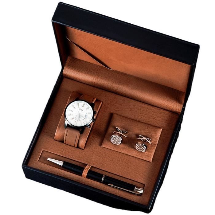 Coffret montre homme + stylo + boutons de manchette – marron calendrier multifonction bracelet en cuir mode haute qualité cadeau