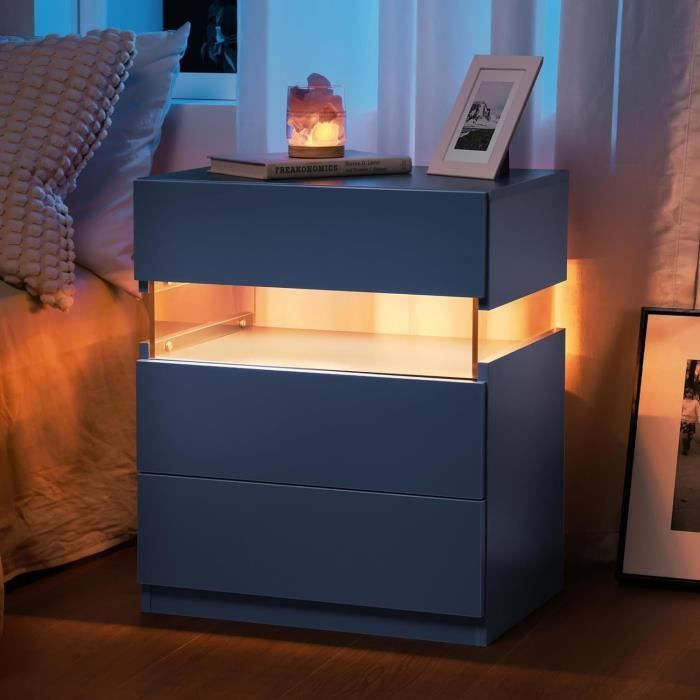 Chevet Moderne VASAGLE 3 Tiroirs, Bande LED Intégrée, Ambiance Colorée, Blanc