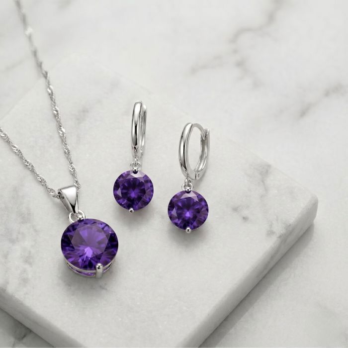 Parure Bijoux - Femme - Cristal Autrichien - Solitaire - Argent Fin 925/1000 - 4 Pièces