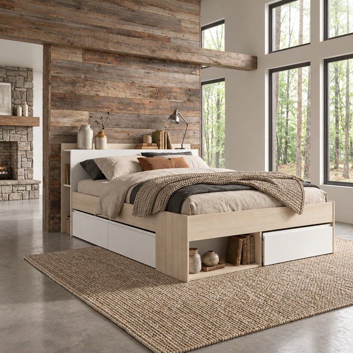 Lit adulte COMBO 140x190/200 cm - Décor chêne et blanc - Tête de lit et tiroirs de rangement inclus - PARISOT Lit adulte COMBO 140x190/200 cm - Décor chêne et blanc - Tête de lit et tiroirs de rangement inclus - PARISOT