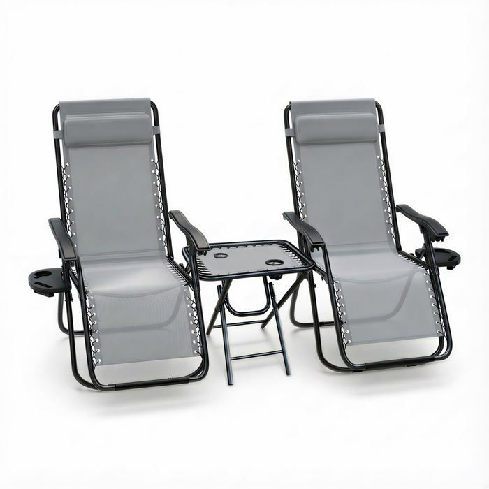 VOUNOT® Lot de 2 Chaise longue inclinable avec table pliable en Textilène avec support de gobelet - charge Max 120kg - Gris VOUNOT® Lot de 2 Chaise longue inclinable avec table pliable en Textilène avec support de gobelet - charge Max 120kg - Gris