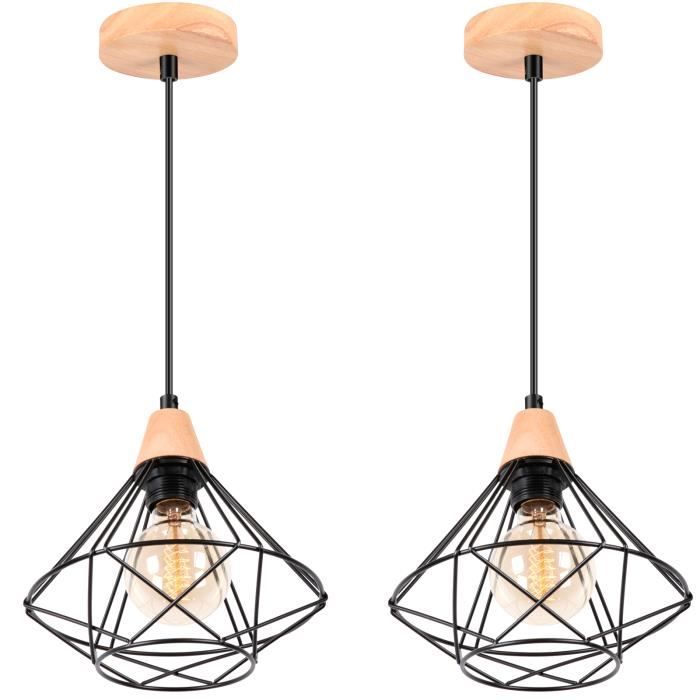 UNI 2x Lustre Suspension Cage Design en Métal et Bois Rétro Lampe Plafonnier Luminaire pour Chambre Couloir Escalier Noir