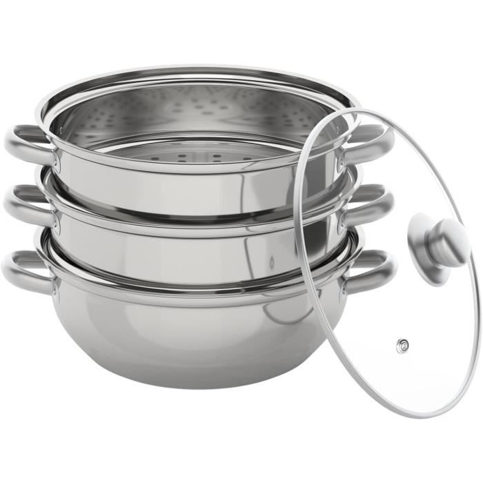 Cuiseur Vapeur Inox 2 étages 27 Cm - Avec Couvercle Verre - Marmite Vapeur Et Soupe
