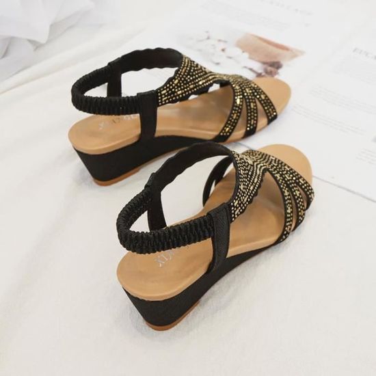 Sandales Compensées à Strass Noires Delicacy - Taille 7, Neuves Avec Boîte