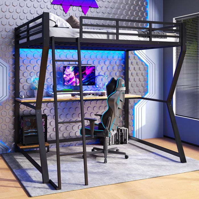 Lit Mezzanine 140x200cm Avec Bureau Et LED - Lit Superposé Gaming Avec Tiroirs Et Portant - Pin Massif Blanc - 8