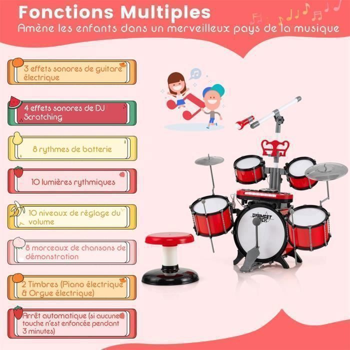 Batterie Enfant DeAO Avec Micro - Set Percussion 3 Tambours, 18 Chansons, Effets Lumineux