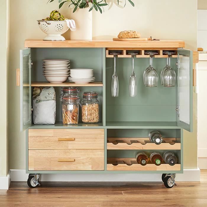 Desserte de Cuisine sur roulettes FKW114-GR SoBuy - avec Plateau en Bois d' Hévéa - Vert - 109x38x92cm - Bricolage