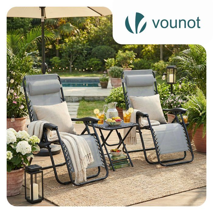 Yaheetech – Lot De 2 Transats Pliants Avec Table, Porte-gobelet, Dossier Réglable, Armature Métal, Capacité 114 Kg, Beige