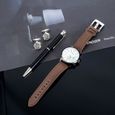 Coffret montre homme + stylo + boutons de manchette – marron calendrier multifonction bracelet en cuir mode haute qualité cadeau-2