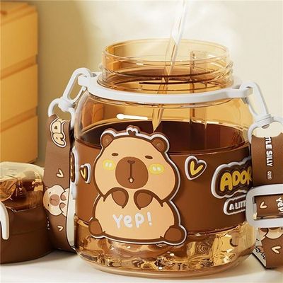 Bouteille D'eau Capybara En Acier Inoxydable 700 Ml - Avec Paille Silicone, Couvercle étanche, Sangle Réglable - Design Kawaii