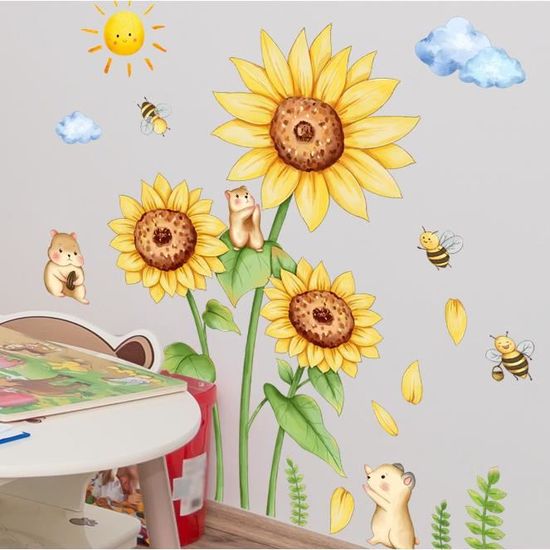 Stickers muraux fleurs tournesol petite abeille stickers muraux  arrière-plan décoration de chambre stickers muraux autocollants