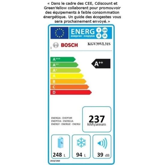 Bosch Kgv33vl31s Refrigerateur Congelateur Bas 288l 194 94