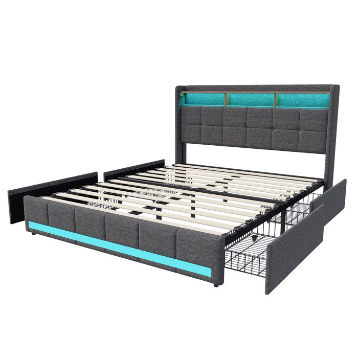 Lit Double 160x200 Avec Rangement Yeutre - 4 Tiroirs, Tête De Lit Velours Et Ports USB - Sans Matelas - 1