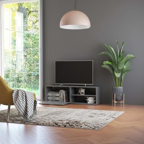 Meuble Tv Etagere Table Basse Design Contemporain Armoire Hifi Agglomere Gris Avec 1 Porte Et 2 Compartiments