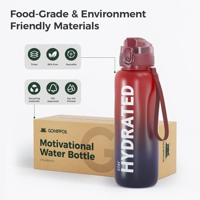 MHwan Gourde Sport, 800 Ml, Autocollants Amusants Et Personnalisables, Sans BPA, Ouverture Par Simple Pression, Avec Paille, Idéale Pour L'École, Les Enfant, Les Adolescent, Les Adulte