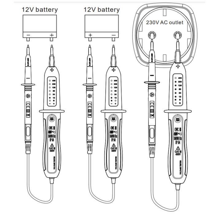 KPS-DT220 Stylo testeur de tension electrique et testeur de différentiel 12V -400V, polarité, RCD (Residual Current Device) et indicateur LED, protection IP54