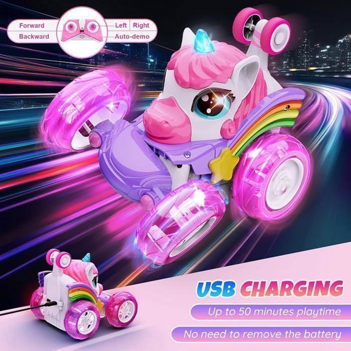 Delycazy Voiture Télécommandée Licorne – Musique, LED, Recharge USB – Rotation 360° – Cadeau Enfant 2-8 Ans
