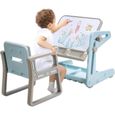 COSTWAY Table et Chaise pour Enfant 2 en 1 : Chevalet à Dessin, Tableau Magnétique Inclinable et Réglable en Hauteur en HDPE Bleu-0