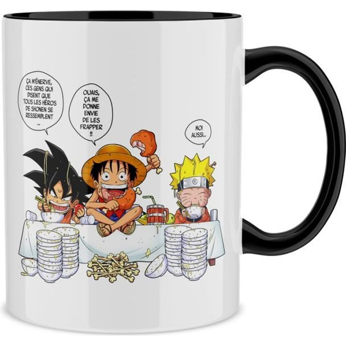 Mug Noir Dbz One Piece Et Naruto Parodique Luffy Naruto Et Sangoku La Recette D Un Bon Shonen Manga Super Deformed Parodie D Cdiscount Maison