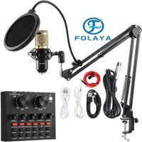 FOLAYA  Microphone à Condensateur avec carte son V8, BM-800 , pour Enregistrement, Podcasting, Voix Off, Streaming, Home-Studio, (or